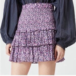 ISABEL MARANT ETOILE Purple Ditsy Floral Smocked Ruffle Tier Mini Skirt SZ 8/ 40